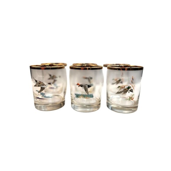 Culver Ned Smith 22k Gold Rim Duck Waterfowl Double Old-Fashioned Glasses Set Of - Picture 3 of 16